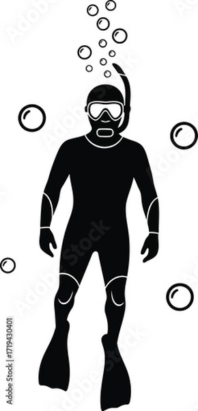 Fototapeta Silhouette of a scuba diver underwater with bubbles
