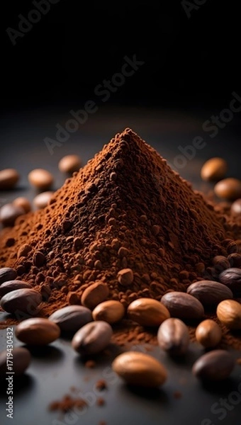 Fototapeta Aromatic coffee beans and powder arranged artfully on a dark surface for presentation