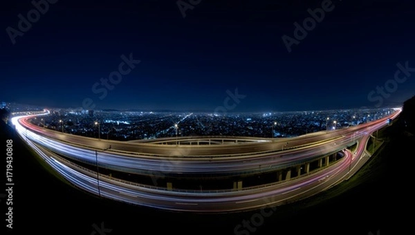 Fototapeta Night cityscape with highway interchange showing light trails and city illumination 90