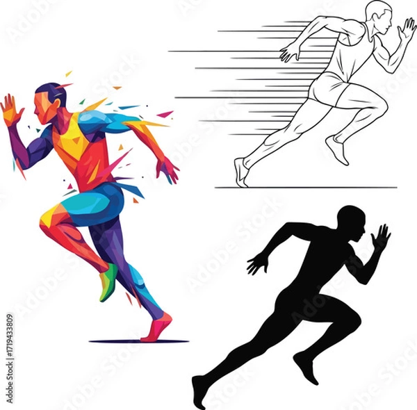 Fototapeta Three representations of a runner in motion a colorful abstract, a line drawing, and a silhouette