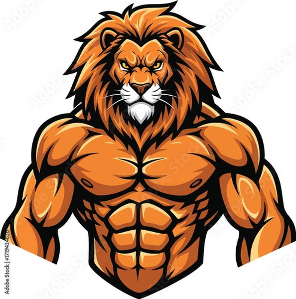 Fototapeta Mascot of a muscular anthropomorphic lion with a fierce expression