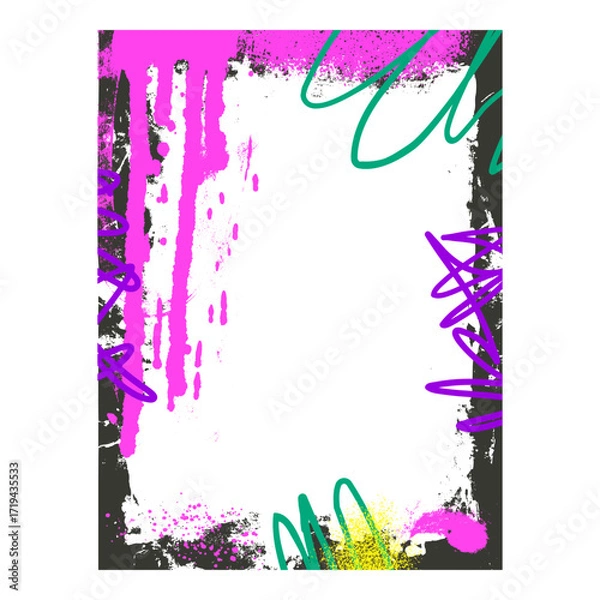 Fototapeta Urban grunge background frame. Border graffiti template with airbrush lines and splashes. Ink and paint decoration design. Retro texture poster mockup overlay. Vector illustration.