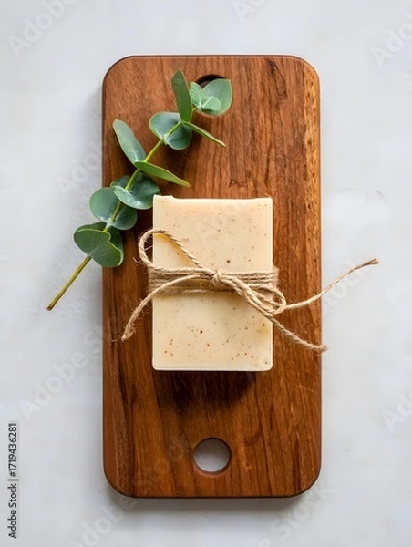 Fototapeta Natural soap with eucalyptus on wooden board for a spa like experience at home now