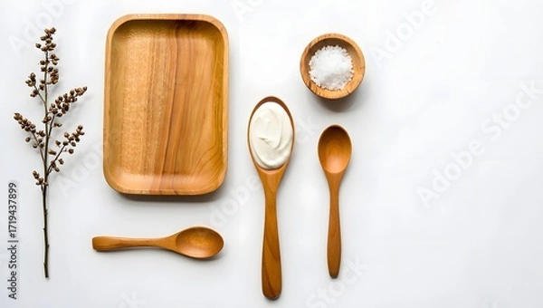 Fototapeta Wooden kitchenware with yogurt and salt on a white background flat lay minimalist style 90