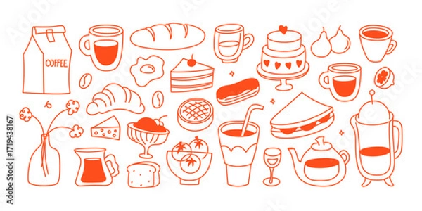 Fototapeta Vector hand drawn graphics for advertising, branding, posters and banners, funny cartoon illustrations, prints and stickers, brunch cafe , bakery concepts, specialty coffee shops  menu elements