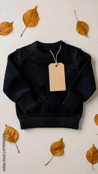 Fototapeta Autumn sweater with tag and leaves on white background for fall fashion sale image