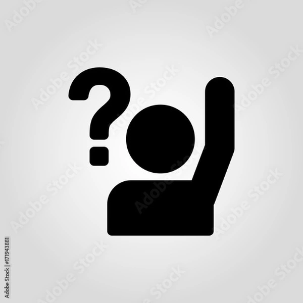 Fototapeta Simple vector icon with man or person with raised hand and a question mark. Uncertain person asking question icon