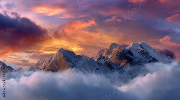 Fototapeta The image shows a majestic mountain range with sharp, snow-covered peaks rising above a blanket of misty clouds. The sky is painted in dramatic hues of orange, pink, and purple as the sunrise casts a 