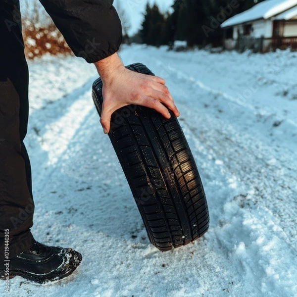 Obraz A man's hand rolling a winter tire in the snow