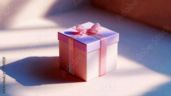 Fototapeta A single pastel pink and white gift box with a shiny ribbon sits on a surface in soft sunlight, casting a shadow. A gentle and tender holiday atmosphere