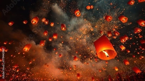 Fototapeta Spectacular Sky Lanterns Ascending During the Yi Peng Festival in Thailand