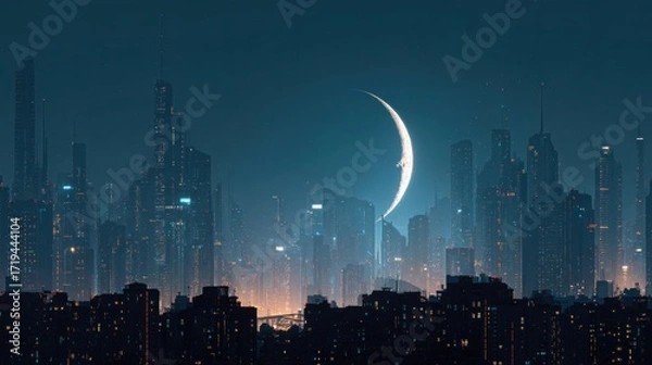 Fototapeta Futuristic cityscape at night with crescent moon adding a touch of ethereal beauty