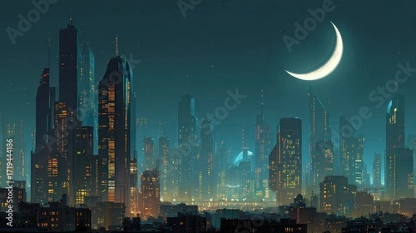 Fototapeta Futuristic cityscape illuminated under a crescent moon creating a serene atmosphere