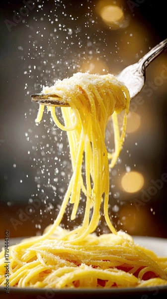 Fototapeta Close-up of a fork twirling spaghetti while parmesan cheese is sprinkled like snow against a warm bokeh background. Appetizing italian cuisine concept
