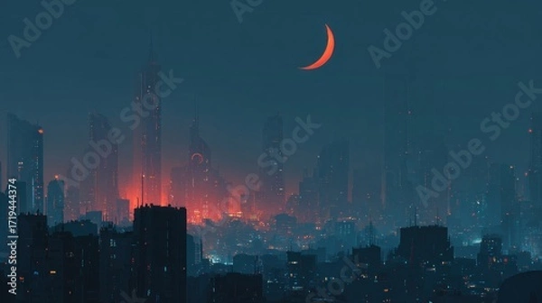 Fototapeta Futuristic cityscape under the crescent moon with a glowing skyline at night creating a dreamlike