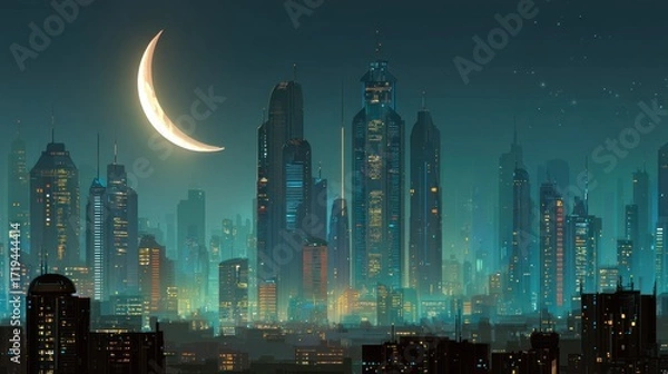 Fototapeta Nighttime cityscape featuring crescent moon casting glow over the futuristic skyline ambiance