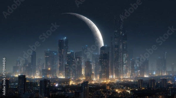 Fototapeta Futuristic metropolis skyline with a massive moon evoking science fiction landscapes showcasing