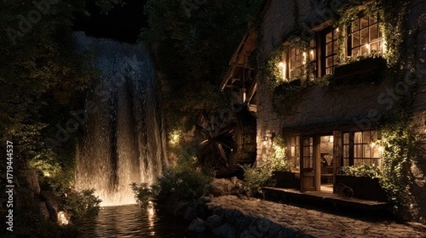 Fototapeta Enchanting watermill house with a cascading waterfall illuminated at night, creating a magical
