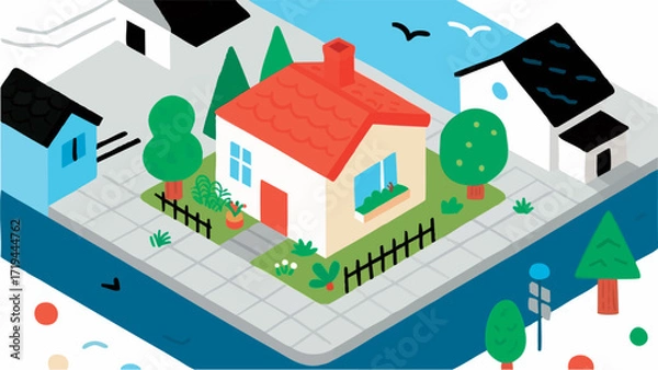 Obraz Simple, minimalist illustrations featuring Scandinavian-style houses. Residential neighborhood. My home. Detached house. Real estate. Miniature garden.
