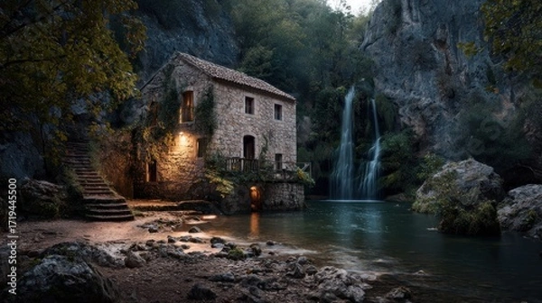 Fototapeta Enchanting stone house nestled beside a tranquil lake and cascading waterfall landscape