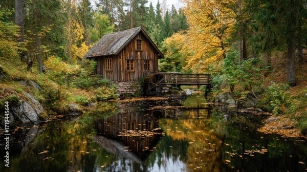 Fototapeta Idyllic autumn scene featuring a charming wooden watermill reflecting in a still pond