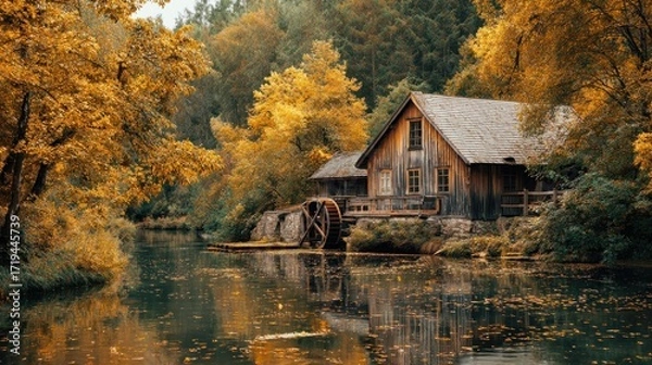 Fototapeta Picturesque watermill house reflecting in the tranquil river surrounded by autumn trees beautiful