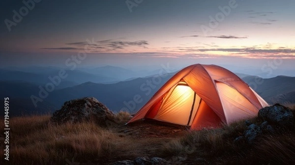 Fototapeta Illuminated tent in mountain landscape at sunset creates a serene camping experience