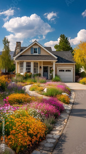 Fototapeta Front yard of a house with trees, plants and green lawn
