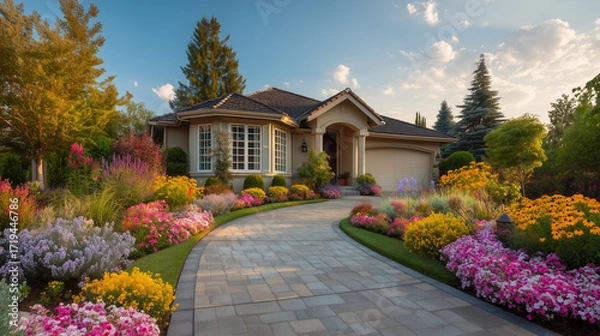 Fototapeta Front yard of a house with trees, plants and green lawn
