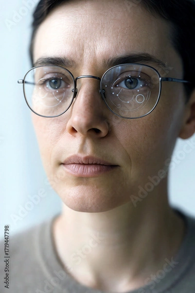 Fototapeta Close-up of a serious caucasian woman wearing smart glasses with a futuristic heads-up display on the lenses. Augmented reality and artificial intelligence concept
