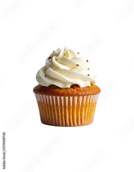 Fototapeta A single vanilla cupcake with swirls of creamy frosting and red sprinkles