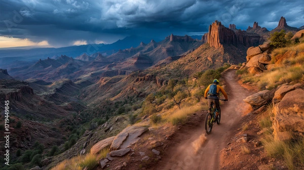 Fototapeta a cyclist in the mountains under a heavy cloudy sky. Male tourist biking along grassy trail in the mountains, wearing helmet and backpack.