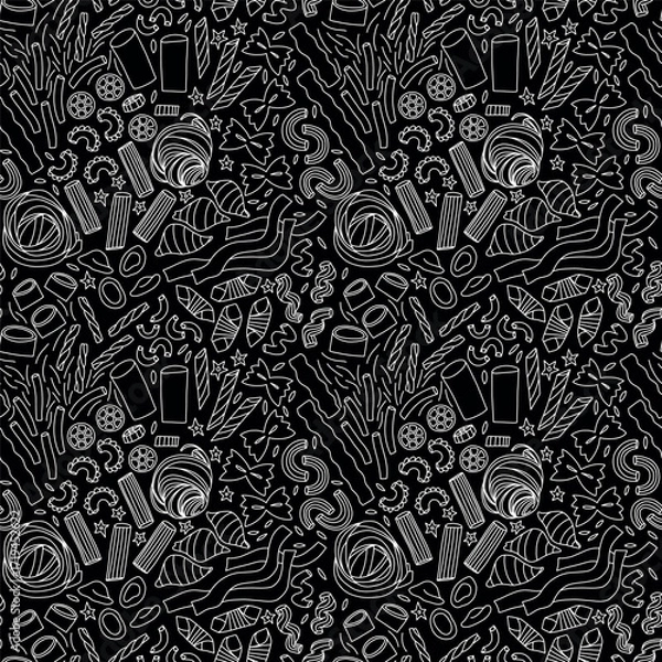 Fototapeta Black and white talian food design with assorted pasta types, hand-drawn seamless pattern 