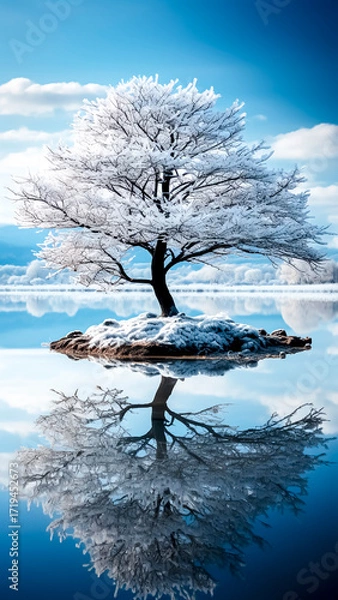 Fototapeta Solitary Winter Tree on an Island with a Mirror Reflection. Serene Landscape, Natural Symmetry, Peaceful Scenery.