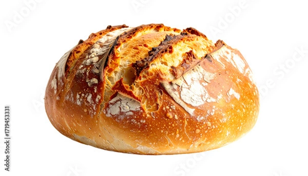 Fototapeta Golden-brown artisan loaf, rustic crust, scored top, slightly irregular shape, showing interior crumb through cracks