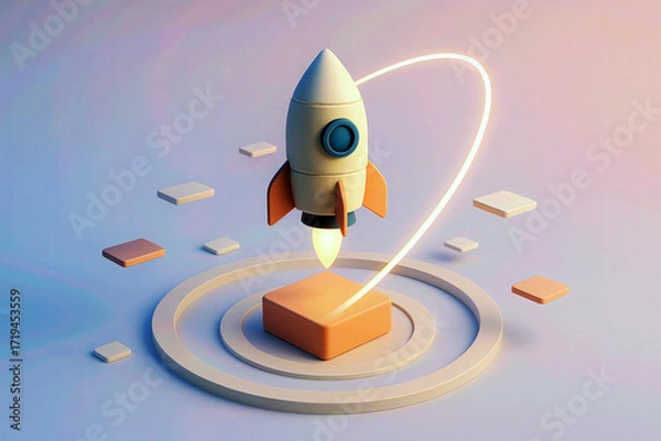 Fototapeta A stylized rocket with a glowing trail launches from a platform among geometric shapes on a pastel background. Business startup and innovation concept