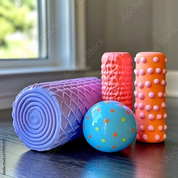 Fototapeta Close up of colorful massage balls and foam rollers on a wood floor for muscle recovery and physical therapy