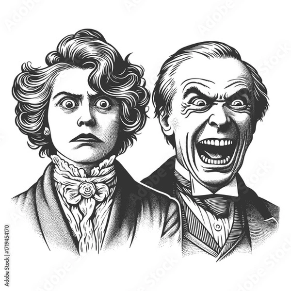 Fototapeta couple with exaggerated expressions the woman looks stern while the man laughs maniacally sketch engraving generative ai fictional character vector illustration. Scratch board. Black and white image