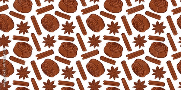Fototapeta Seamless pattern with cinnamon roll, stick and star anise in flat style. Perfect for bakery package, breakfast menu background and dessert delivery.