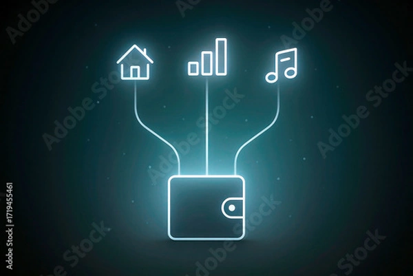 Fototapeta A glowing wallet icon connects to home, bill, and music icons on a dark, futuristic background. Concept of digital payment and budget management