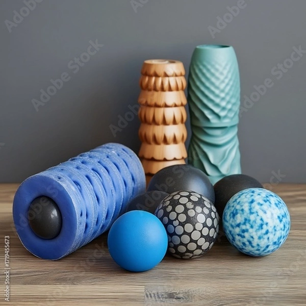 Fototapeta Collection of massage balls and rollers for myofascial release on a wooden surface against a gray background indoors