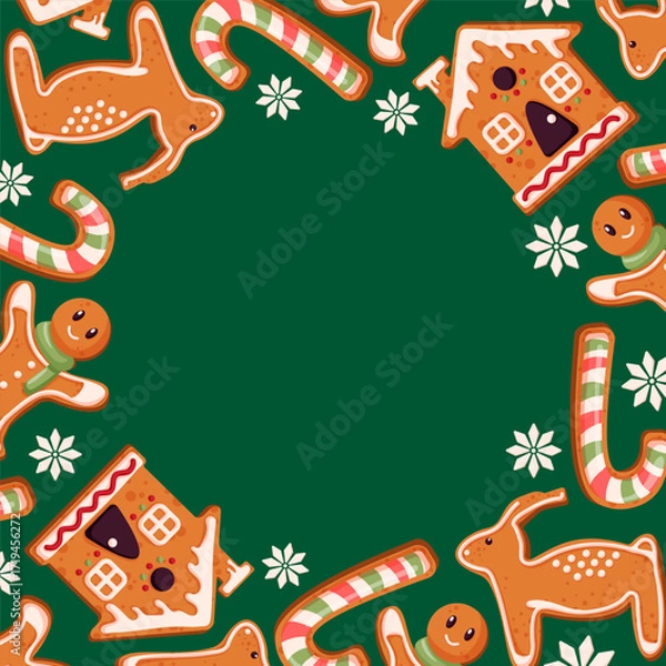 Fototapeta Christmas gingerbread cookie frame with man, candy cane, reindeer, house and snowflake on green background. Cartoon illustration for holiday packaging, winter seasonal menu, festive card design.