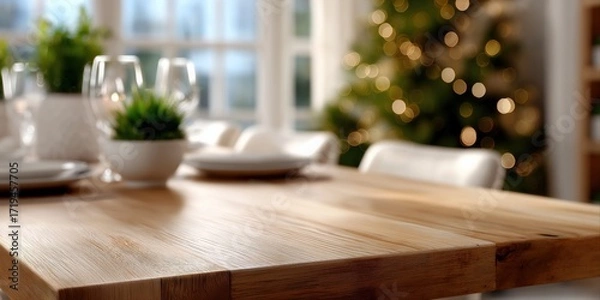 Fototapeta Festive dining table with holiday decor and soft focus tree lights
