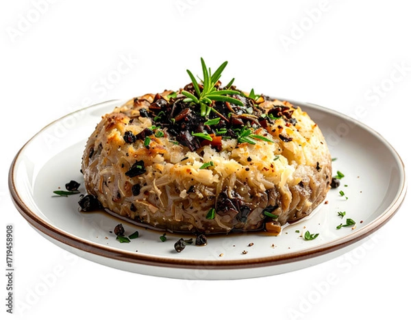 Fototapeta Creamy mashed potato dome, topped with saut?ed mushrooms and rosemary, served on a minimalist plate with peppercorns