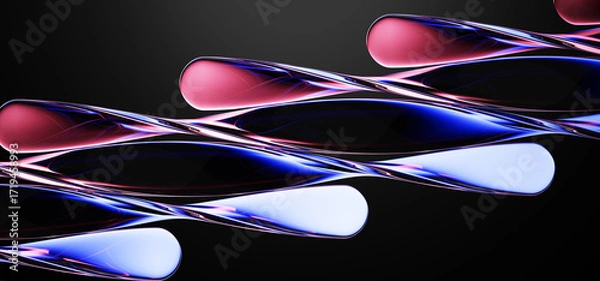 Fototapeta Neon glass fractal texture effect on black 3d background. Abstract horizontal spiral line pattern with red blue spectral gradient. Bright translucent curve stripes in radiant colors. 3D illustration