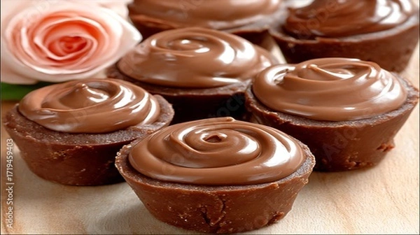 Obraz Delicious Mini Chocolate Tarts Topped with Cream, Served with a Romantic Pink Rose on a Wooden Background.