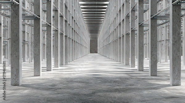 Fototapeta A vast, empty industrial hall with repeating rows of concrete pillars and a metal framework creating a long symmetrical perspective. Concept of brutalist architecture and industrial scale