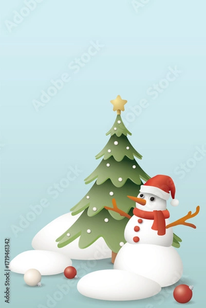 Fototapeta 3D cute snowman, decorated Christmas tree and snowdrift with light blue vertical background graphic illustration have blank space.