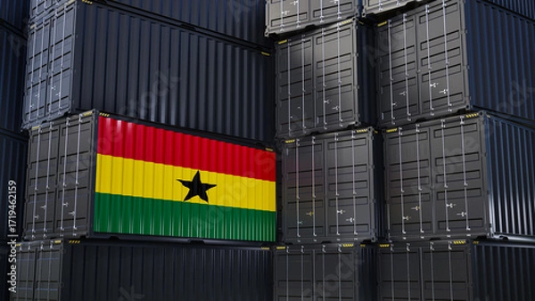 Fototapeta Cargo shipping container with ghana flag, shipping and freight transportation of ghana concept.