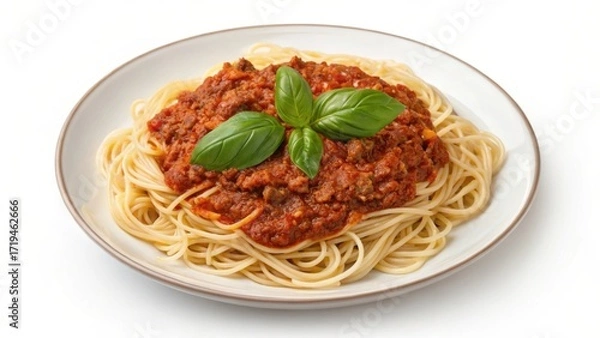 Fototapeta Delicious plate of spaghetti with rich tomato meat sauce and fresh basil garnish